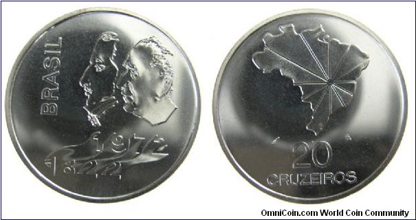 1972 Brazil 20 Cruzeiros  KM# 583 .900 silver 150th Anniversery of Independence.  Mintage: 250K