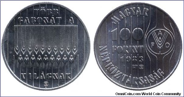 Hungary, 100 forint, 1983, Cu-Ni, More Wheat for the World, FAO.                                                                                                                                                                                                                                                                                                                                                                                                                                                    