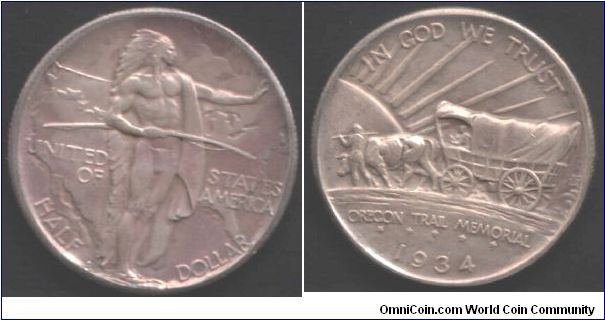 Oregon $1/2 1934D. beautiful rose toning to it makes it look light a photo taken at twilight. Coin has doubling on lower part of letters of HALF DOLL which these images don't pick up.