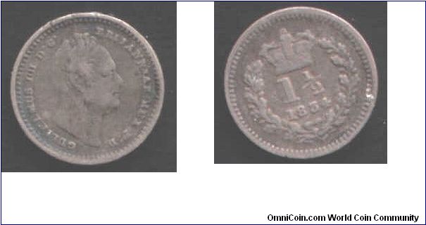 Tiny silver 1 1/2d (three ha'pence)coin of William IV.