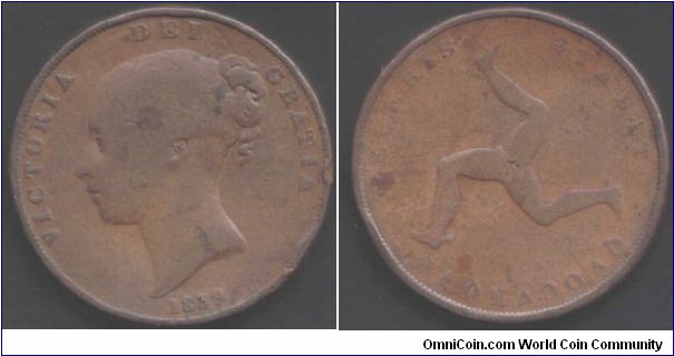 1839 Isle of Man penny (Victoria). Poorly struck up.
