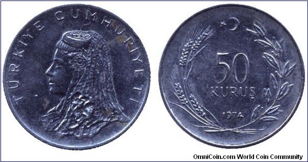 Turkey, 50 kurus, 1974, Steel, Woman's head, Turkiye Cumhuriyeti (Republic of Turkey).                                                                                                                                                                                                                                                                                                                                                                                                                              