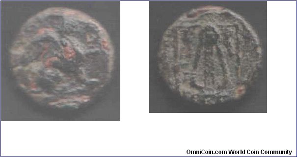 An Ae12 from Ionia (Teos). Obverse Griffin to right, one leg raised. Reverse has a lyre within a square.