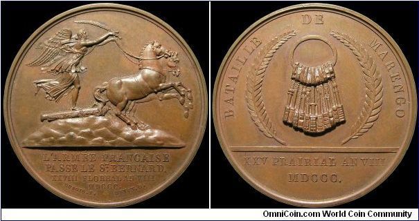 Passage du Grand Saint Bernard, France.

This medal commemorates the passage of the French Army over the St. Bernard Pass made famous by the misleading painting of Napoleon on a rearing horse. A note in Bramsen said: 'By the convention of Alexandria, June 15, 1800, two days after the battle of Marengo, signed between Berthier and Melas, 12 castles (and not 11) were given to the French troops.'                                                                                                      