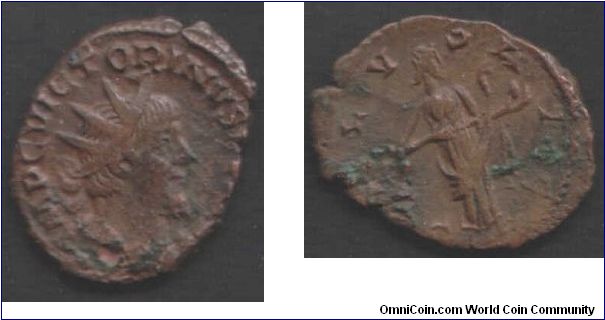 Victorinus(268-270 AD)Ae Antoninianus. Salus feeding serpent reverse.Pity about the verdigris, but it's still a niceish coin. reverse.