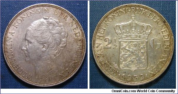 1939 Netherlands 2 1/2 Gulden
