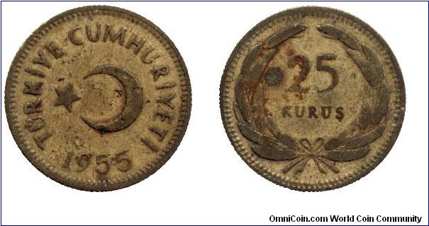 Turkey, 25 kurus, 1955, Brass, Turkiye Cumhuriyeti.                                                                                                                                                                                                                                                                                                                                                                                                                                                                 