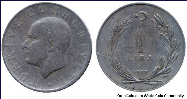 Turkey, 1 lira, 1957, Cu-Ni, Kemal Atatürk, Turkiye Cumhuriyeti.                                                                                                                                                                                                                                                                                                                                                                                                                                                    