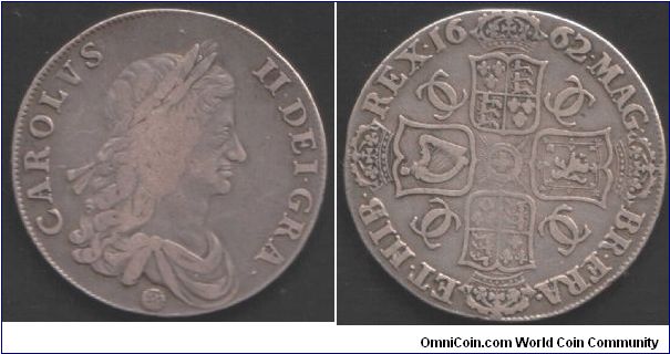 Crown of Charles II,first bust (rose below bust) and first reverse (english and french shields quartered).
Very nice `good fine' / `almost VF'.