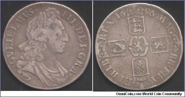 1696/5 Crown of William III, first bust (curved breastplate) and first reverse (top of shields point outwards)
