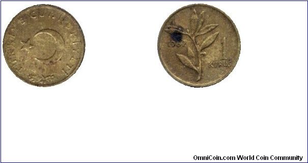 Turkey, 1 kurus, 1962, Brass, Olive branch, Turkiye Cumhuriyeti.                                                                                                                                                                                                                                                                                                                                                                                                                                                    