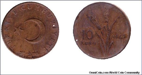 Turkey, 10 kurus, 1969, Bronze, Wheat, Turkiye Cumhuriyeti.                                                                                                                                                                                                                                                                                                                                                                                                                                                         
