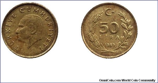 Turkey, 50 lira, 1989, Al-Bronze, Kemal Atatürk.                                                                                                                                                                                                                                                                                                                                                                                                                                                                    