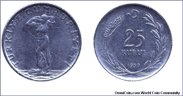 Turkey, 25 kurus, 1959,Steel, Peasant woman, Turkiye Cumhuriyeti.                                                                                                                                                                                                                                                                                                                                                                                                                                                   