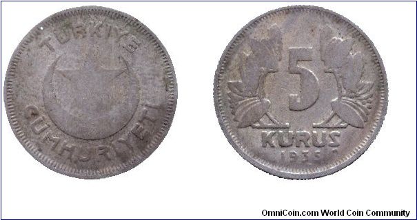 Turkey, 5 kurus, 1935, Cu-Ni.                                                                                                                                                                                                                                                                                                                                                                                                                                                                                       