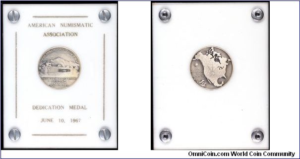 Silver ANA Dedication Medal. Obverse shows the new ANA building. The reverse shows the location of Colorado Springs near the center of North America.
