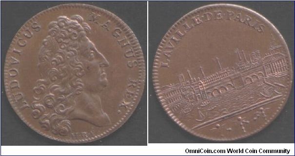 Copper jeton issued for Paris municipal council. Obverse: Louis XIV. Reverse: view of Paris (Pont Neuf)from the Seine. Rare in this grade.
