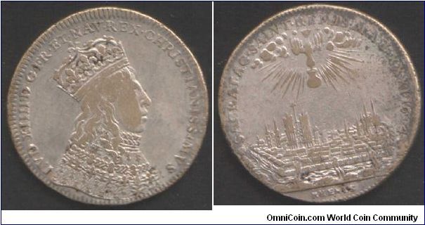 silvered brass jeton issued for the consecration of Louis XIV at Rheims 1654. Obverse LXIV. Reverse, Holy Spirit visits Rheims - city view.