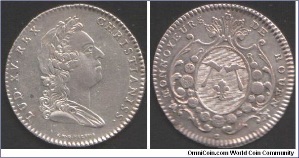 Silver jeton issued for the Monneyers at the mint at Rouen, France. Undated, but circa 1760