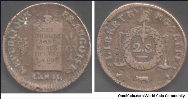 Nice gF / aVF example of a bronze or bell metal 2 sols minted at bearne during the First Republic 1793-4 (L'an II).
