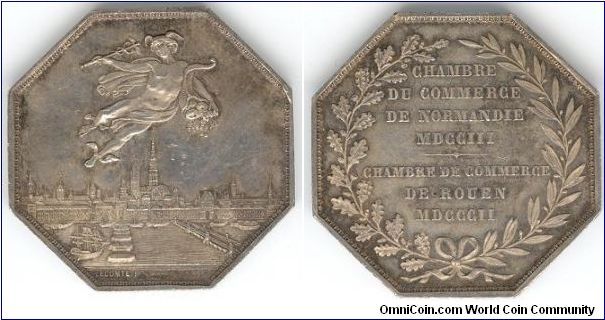 Nice city view jeton issued by the Chambre de Commerce de Rouen restruck from original or reworked dies in 1880. Obverse design by LeCompte .