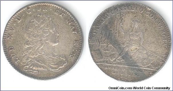 An original Louis XV (youthfull bust) obverse / reverse, city view jeton of Rouen.