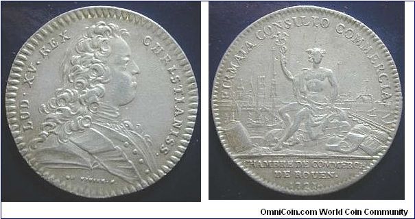 An original Louis XV  obverse / reverse, city view jeton of Rouen. The bust is later style than preceeding jeton.