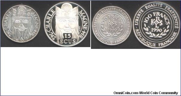 Charlemagne 100 frs in Unc and Charlemagne 15 ecus /100 frs in proof.
Trust the french to create two coins with the same design, same year, same `face' value, but different sizes!
The 15 ecus / 100 Frs was valued at $145 in 1999 whereas the ordinary 100 frs was only $45. I should have sold the 15 ecus then!!