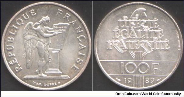 Genie de France unc 100 francs 1989 in.9 silver.