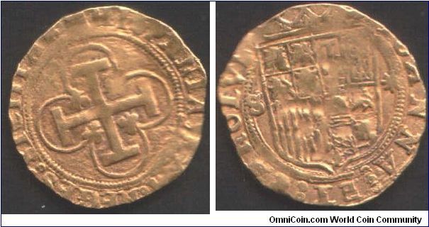 Gold escudo / Doubloon of Carlos I and Johanna (aka `La Loca'). Generally thought to be the first type gold doubloon and minted circa 1516-17. Full cross and shield. Not too bad nick in general.