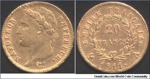 Napoleon 1811A (Paris Mint) gold 20 francs.
Laureate bust.