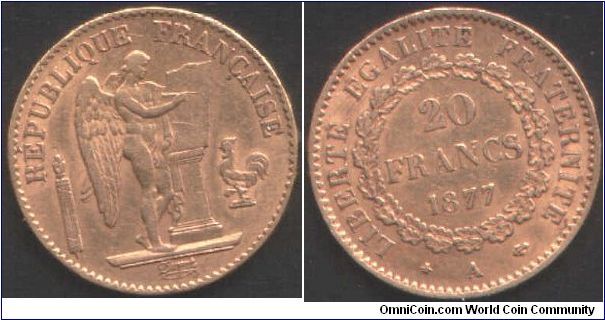 `Lucky Angel' type gold 20 francs 1877A (Paris Mint).