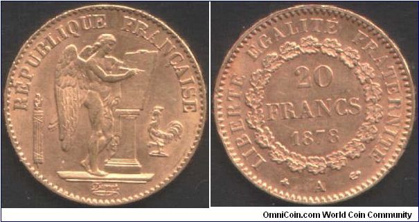 `Lucky Angel' type gold 20 francs 1878A (Paris Mint).