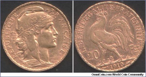 `Cockerel' type gold 20 francs 1910.