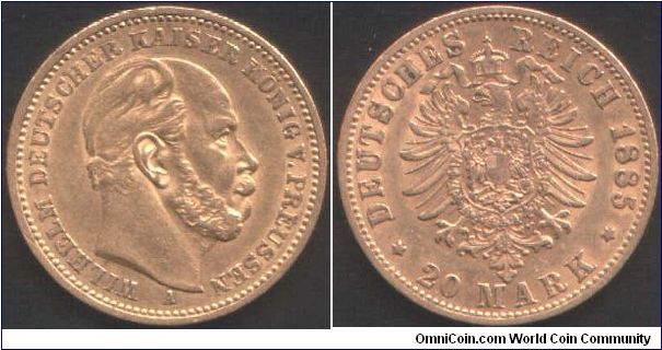 Prussian gold 20 Marks of 1885. (Berlin Mint)