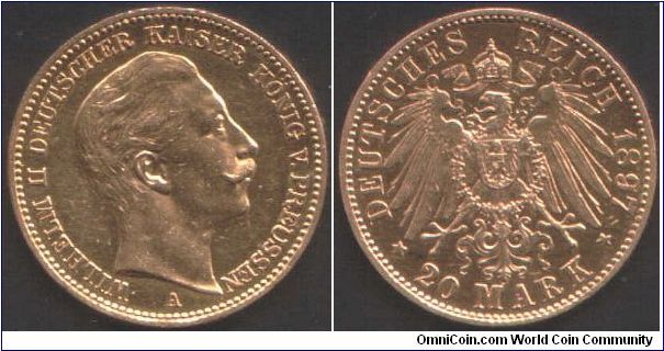 Prussian gold 20 Marks of 1897. (Berlin Mint)
This on almost prooflike but elements of wear present.