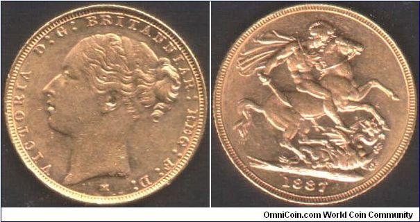 Aussie gold. 1887 Victoria `Young Head' sovereign. Melbourne mint.
