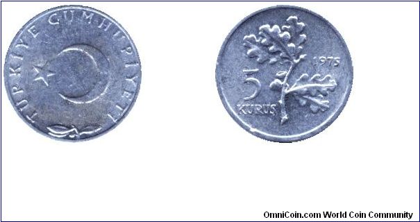 Turkey, 5 kurus, 1975, Al, Oak twig.                                                                                                                                                                                                                                                                                                                                                                                                                                                                                