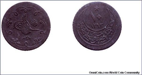 Turkey, 10 para, 1903, Cu-Ag, II. Abdul Hamid (1876-1909), AH 1293+27.                                                                                                                                                                                                                                                                                                                                                                                                                                              