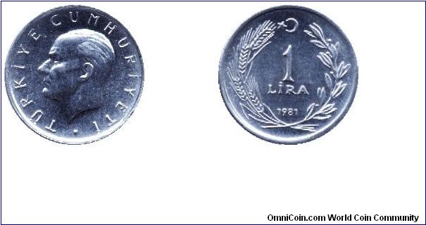 Turkey, 1 lira, 1981, Al, Kemal Atatürk, Turkiye Cumhuriyeti.                                                                                                                                                                                                                                                                                                                                                                                                                                                       