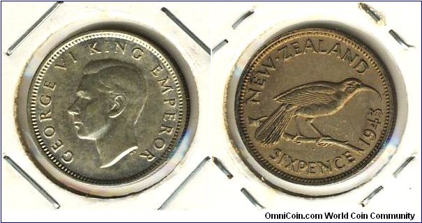 New Zealand 6 pence 1943