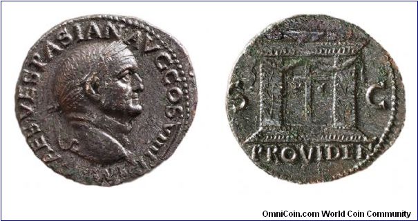 As struck at Lugdunum.
Obv: Laureate bust of Vespsian facing right. IMP CAES VESPASIAN AVG COS VIII PP
Rev: Draped altar with garland. S C PROVIDENT