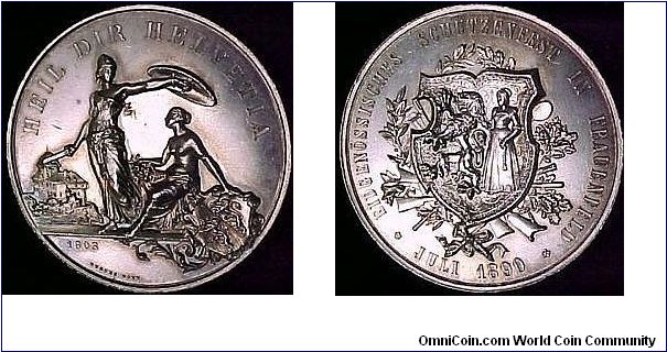 Shooting medal by Hugues Bovy minted in silver for the federal shooting festival at Frauenfeld, Thurgau in 1890. 
 5,760 minted in silver.