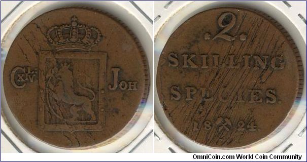 Norway 2 skilling 1824 - planchet lamination