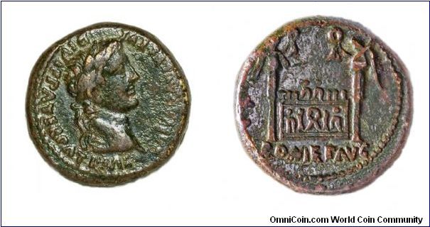 Semis struck at Lugdunum. ca. 9 - 14 AD.
Obv: Bust of Augustus right, CAESAR AVGVSTVS DIVI F PATER PATRIAE,
Rev: Altar of Lugdunum, ROM ET AVG.