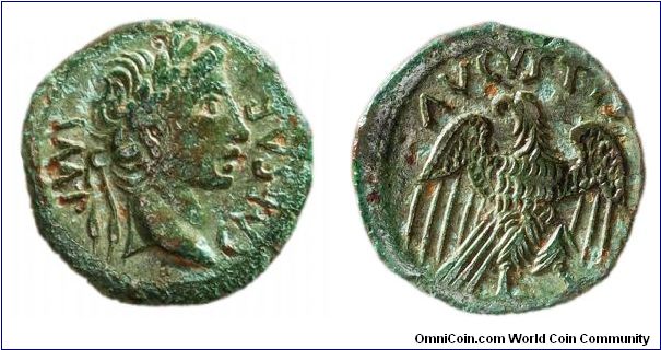 Quadrans of Augustus, Lugdunum mint. 15 B.C, - 10 B.C.
Obv: Bust of Augustus facing right, IMP CAESAR
Rev: Eagle looking left. AVGVTVS