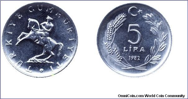 Turkey, 5 lira, 1982, Al, Atatürk on horseback, crescent opens to the right.                                                                                                                                                                                                                                                                                                                                                                                                                                        