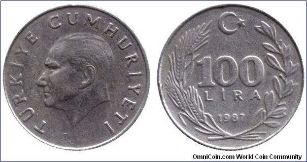 Turkey, 100 lira, 1987, Cu-Ni-Zn, Atatürk.                                                                                                                                                                                                                                                                                                                                                                                                                                                                          