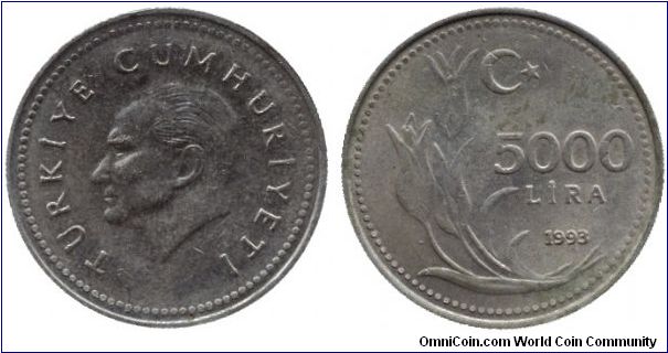 Turkey, 5000 lira, 1993, Ni-Bronze, Tulip, Atatürk.                                                                                                                                                                                                                                                                                                                                                                                                                                                                 