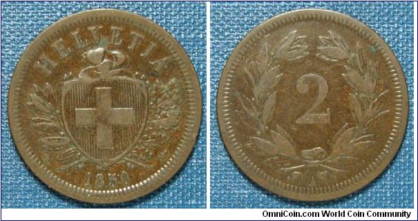 1850 Switzerland 2 Rappen